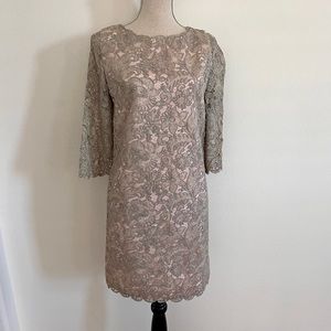 crochet lace sheath chic dress Ivory 3/4 sleeve MINT Condition -‎ party